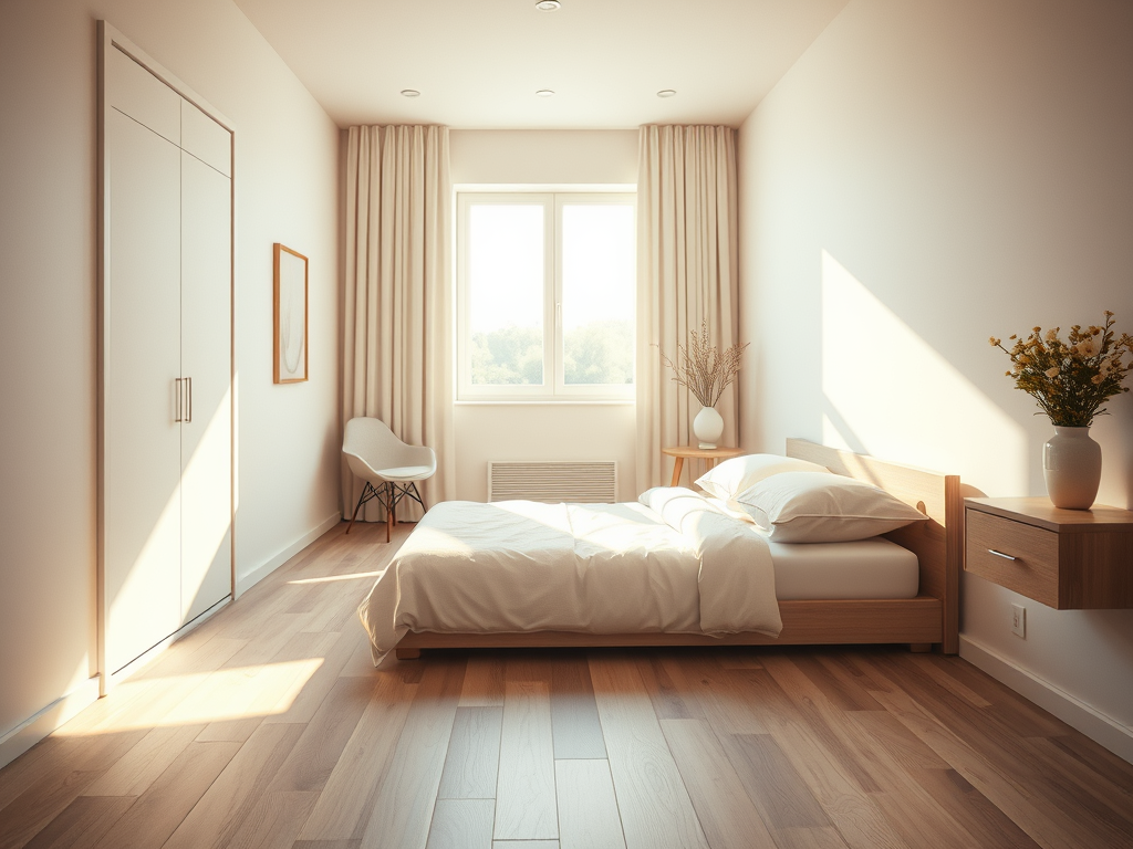 Light laminate in a small, modern bedroom